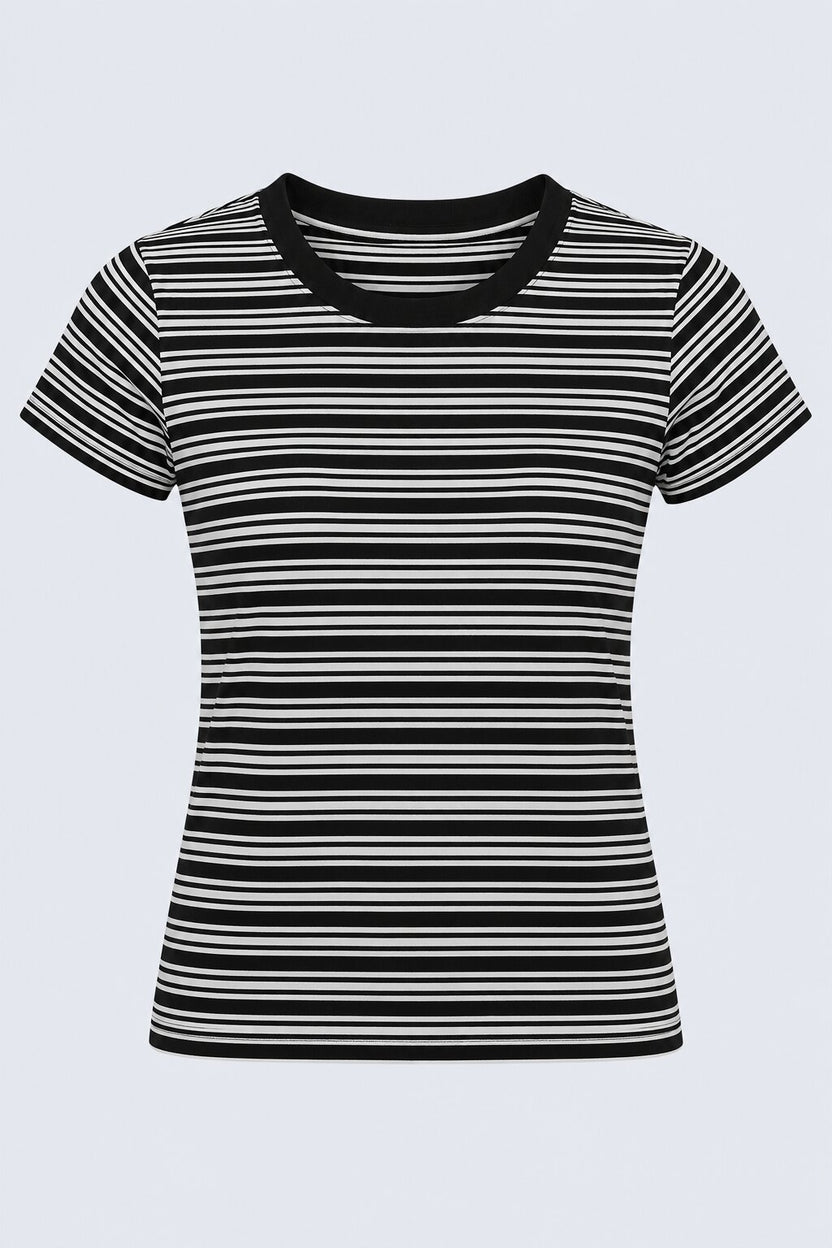Womens Black and White Striped Ribbed T-Shirt - Image 7