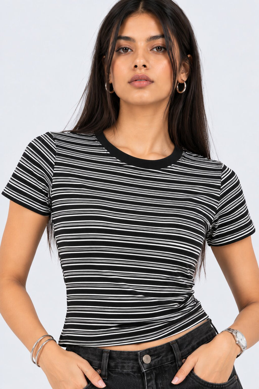 Womens Black and White Striped Ribbed T-Shirt - Image 9