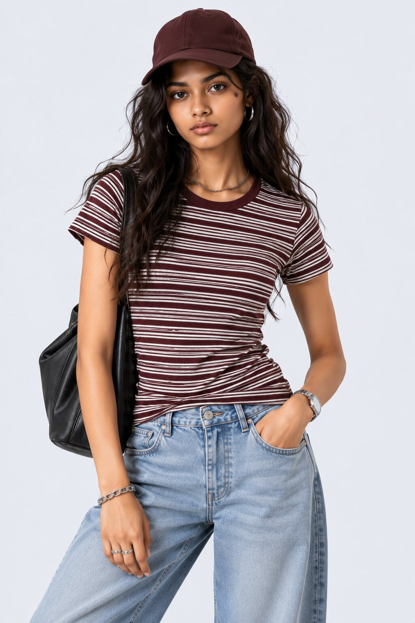 Womens Brown and White Striped Ribbed T-Shirt - Image 1