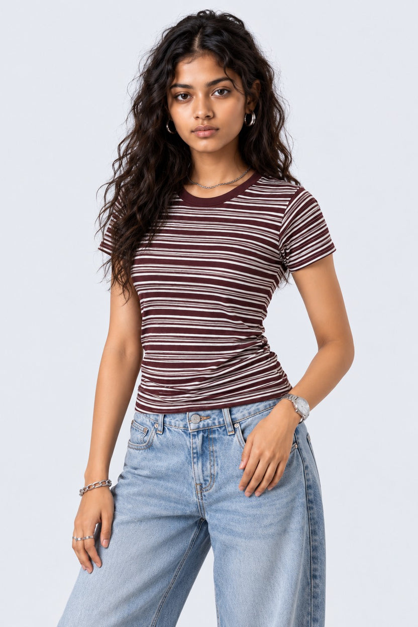 Womens Brown and White Striped Ribbed T-Shirt - Image 2