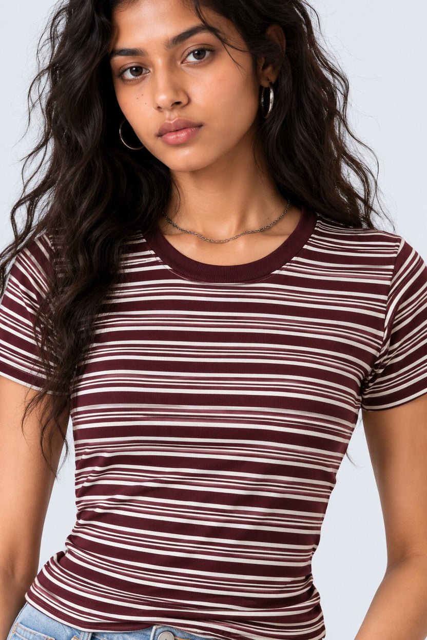 Womens Brown and White Striped Ribbed T-Shirt - Image 3