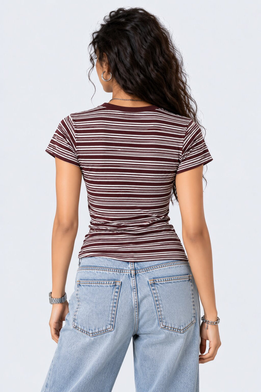 Womens Brown and White Striped Ribbed T-Shirt - Image 5