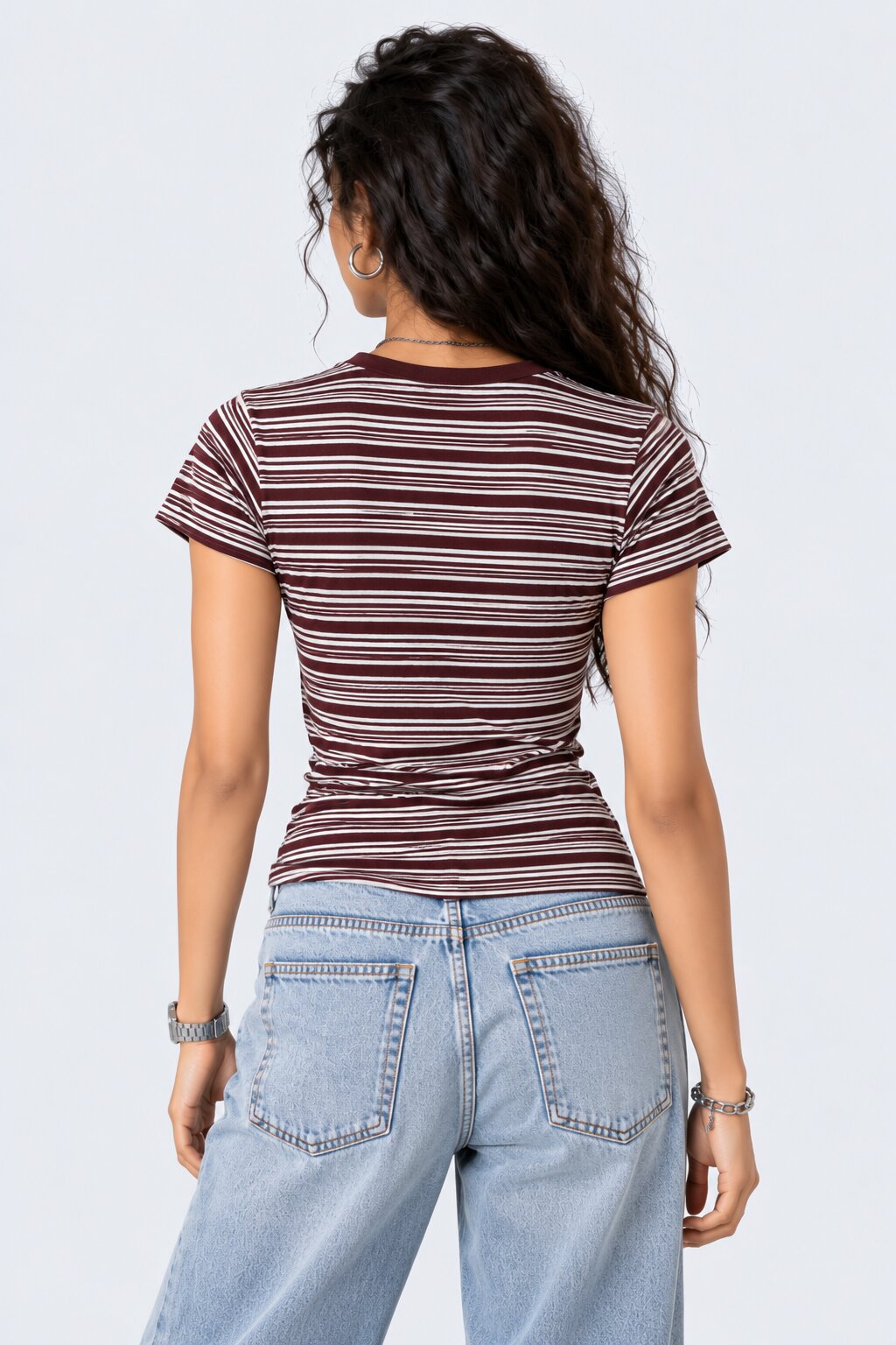 Womens Brown and White Striped Ribbed T-Shirt - Image 5