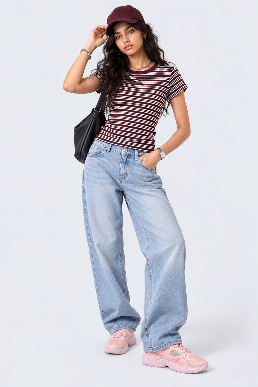 Womens Brown and White Striped Ribbed T-Shirt - Image 6