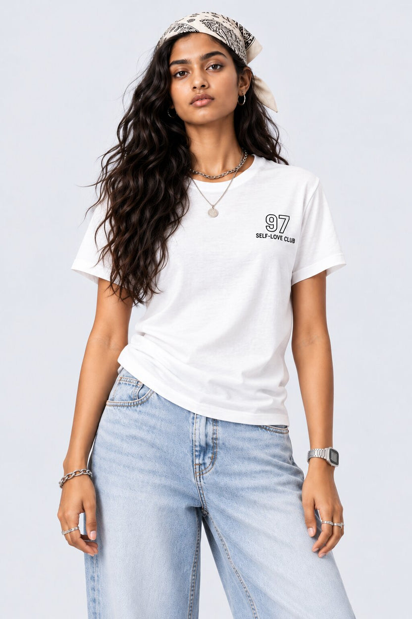 White Self-Love Club Typography Print T-Shirt - Image 1