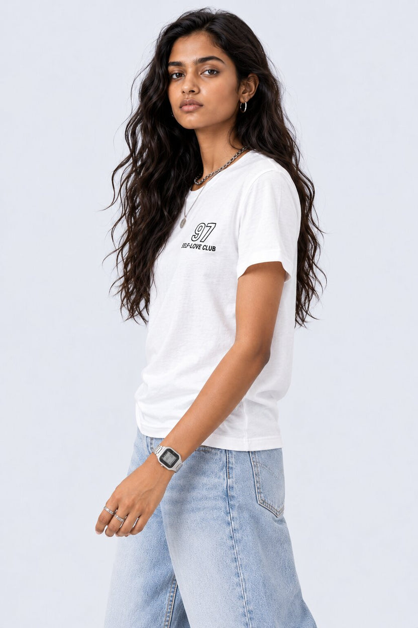 White Self-Love Club Typography Print T-Shirt - Image 4