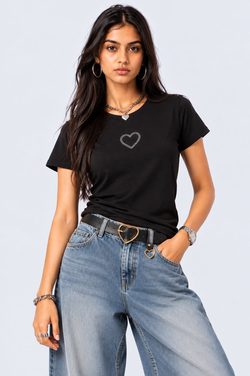 Womens Black Heart Graphic Embellished T-Shirt - Image 1