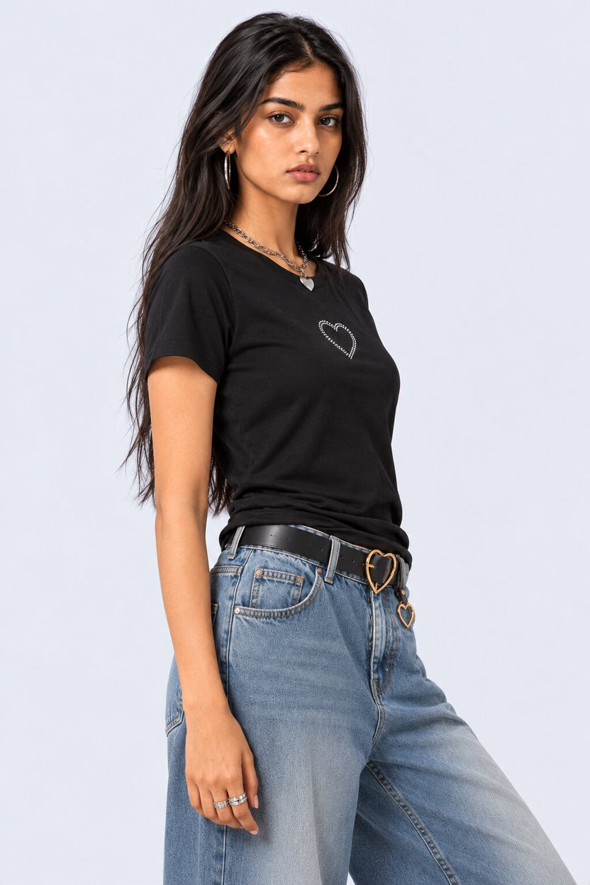 Womens Black Heart Graphic Embellished T-Shirt - Image 2