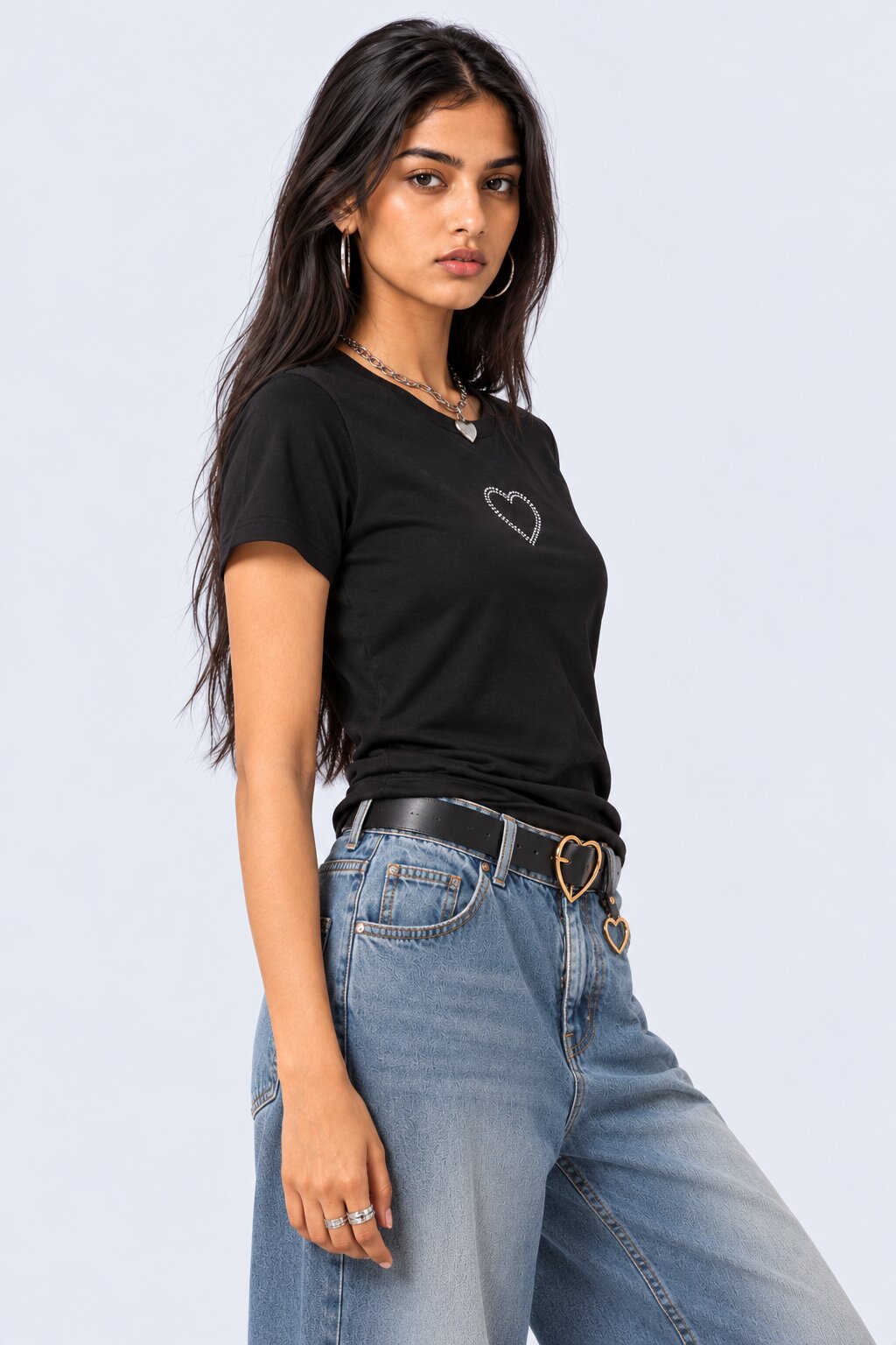 Womens Black Heart Graphic Embellished T-Shirt - Image 2