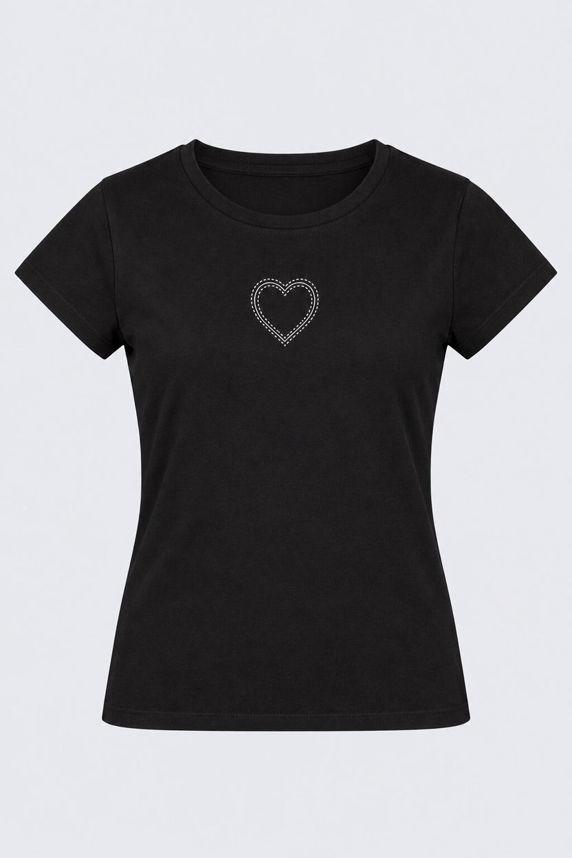 Womens Black Heart Graphic Embellished T-Shirt - Image 6