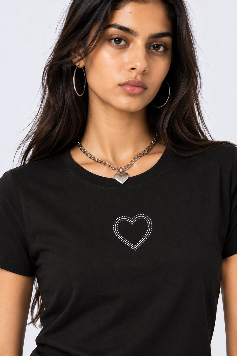 Womens Black Heart Graphic Embellished T-Shirt - Image 8