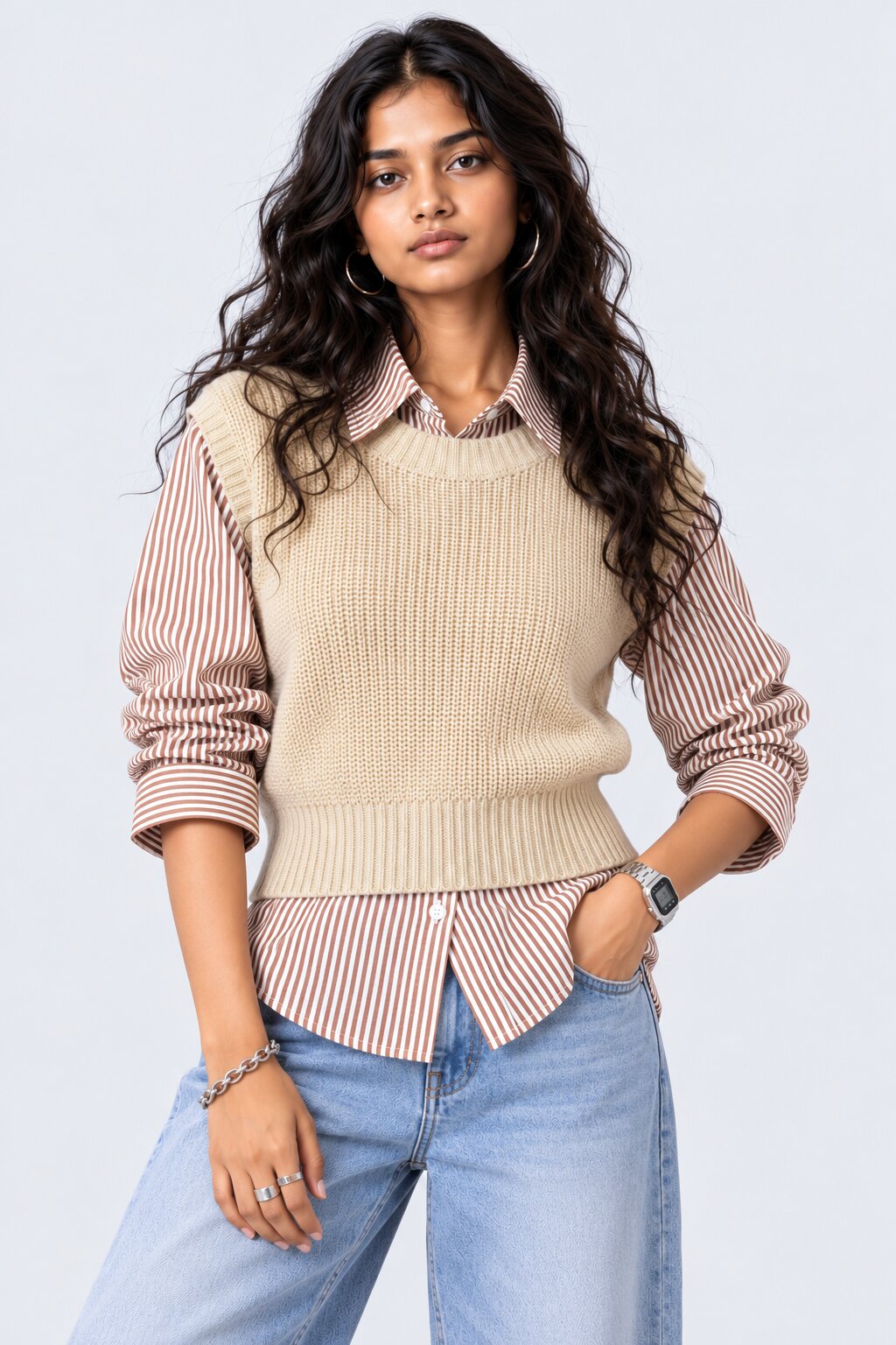 Womens Beige Striped Shirt Layered Sweater - Image 1