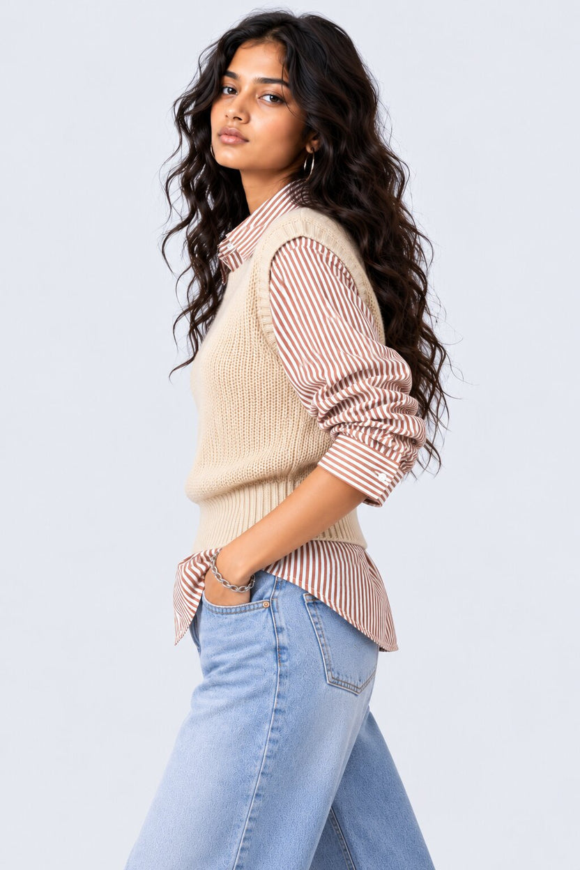Womens Beige Striped Shirt Layered Sweater - Image 2