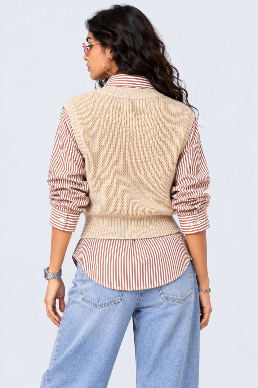 Womens Beige Striped Shirt Layered Sweater - Image 4