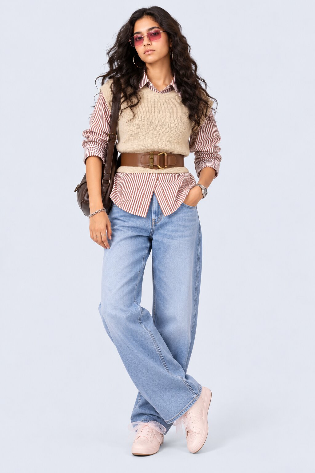 Womens Beige Striped Shirt Layered Sweater - Image 5