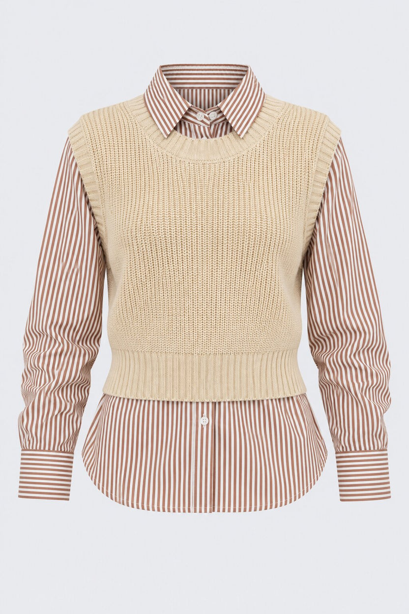 Womens Beige Striped Shirt Layered Sweater - Image 6