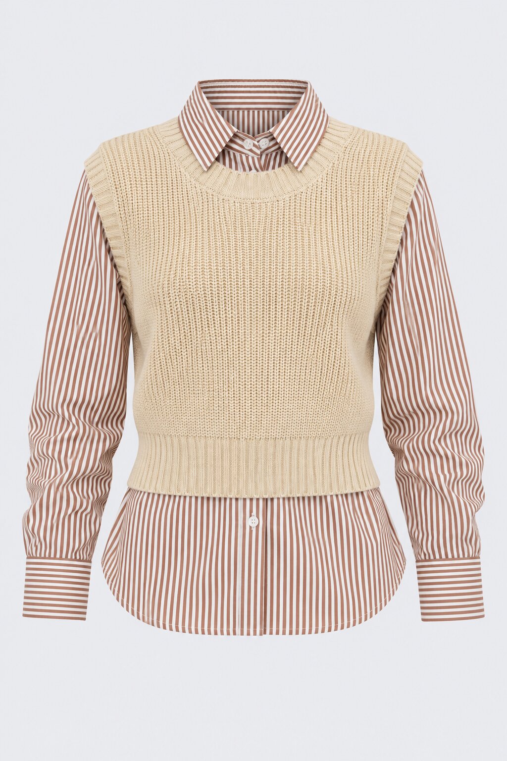 Womens Beige Striped Shirt Layered Sweater - Image 6