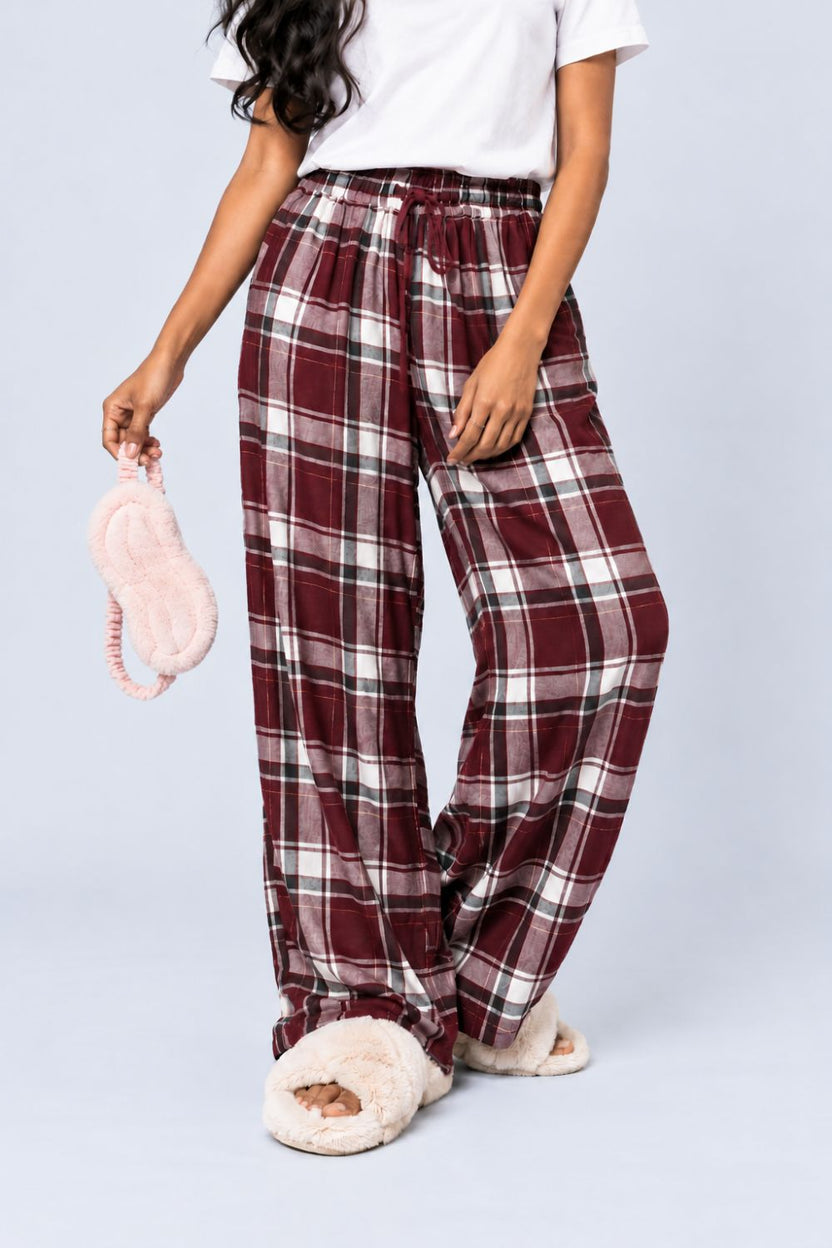 Maroon Checked Viscose Women Relaxed Fit Pyjamas - Image 1