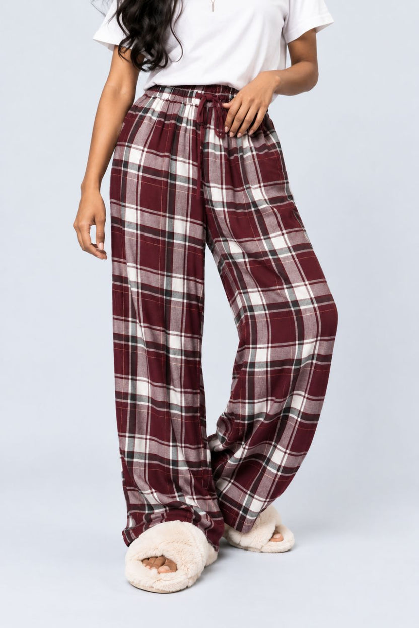 Maroon Checked Viscose Women Relaxed Fit Pyjamas - Image 2