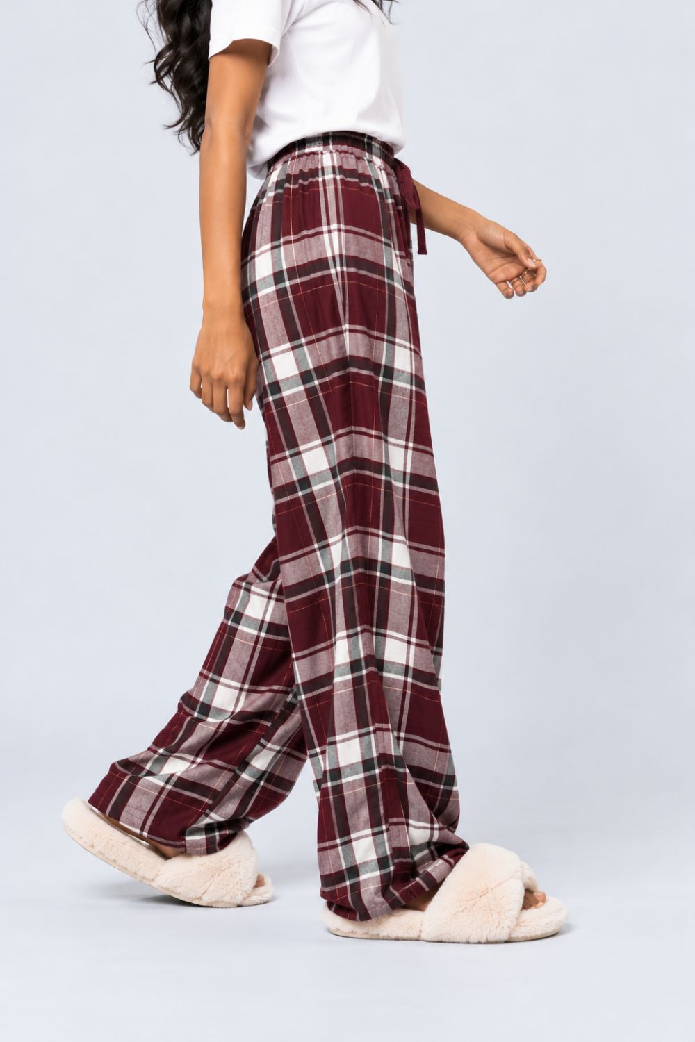 Maroon Checked Viscose Women Relaxed Fit Pyjamas - Image 4