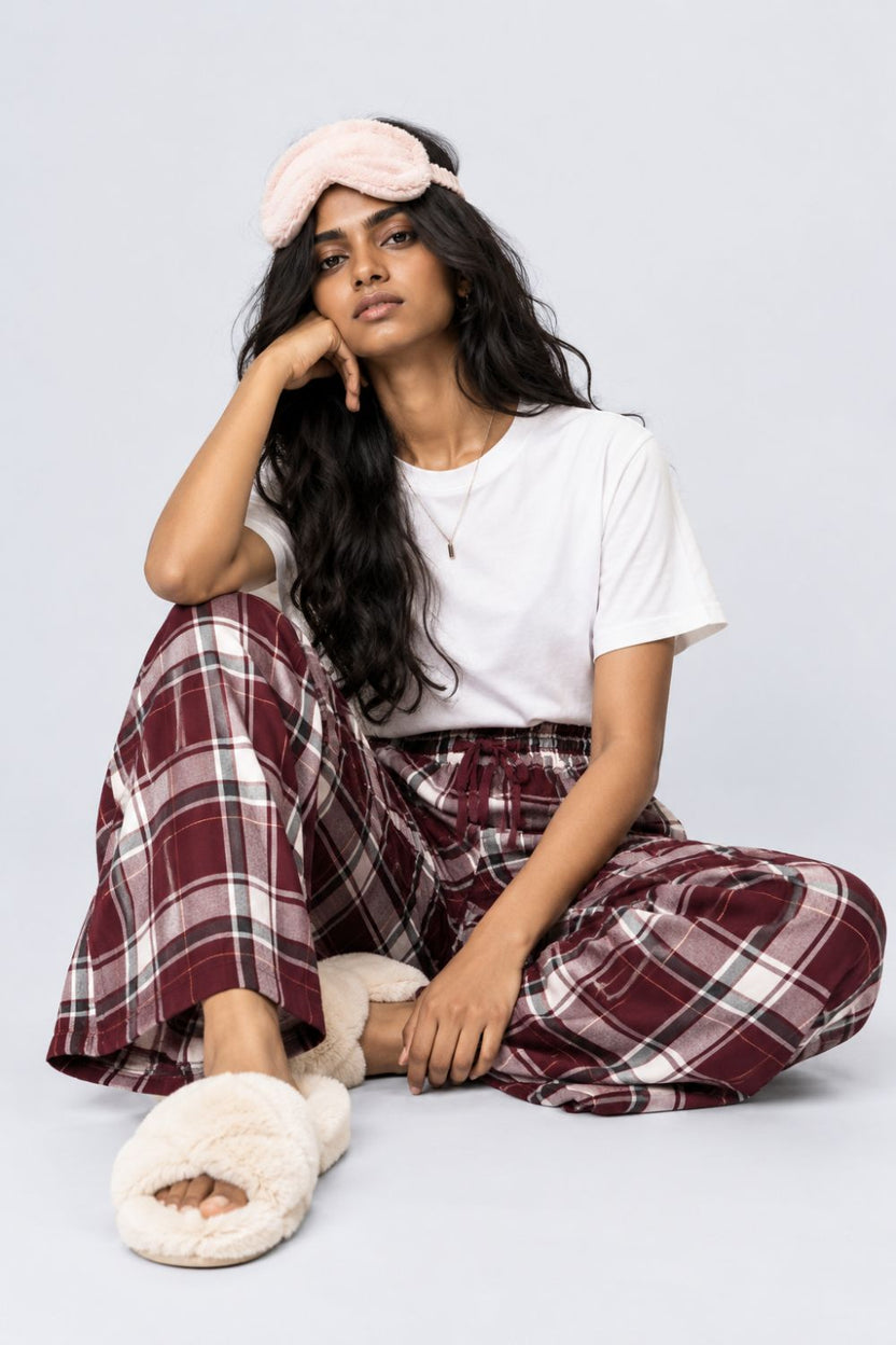 Maroon Checked Viscose Women Relaxed Fit Pyjamas - Image 6