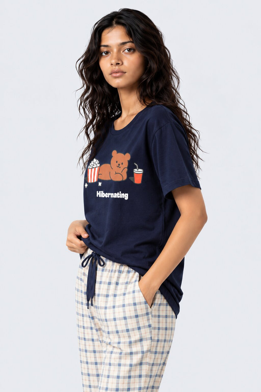 Womens Navy Bear Graphic Sleep T-Shirt - Image 4
