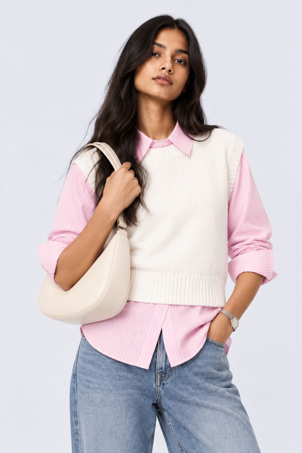 Womens Pink Striped Shirt Layered Sweater - Image 1