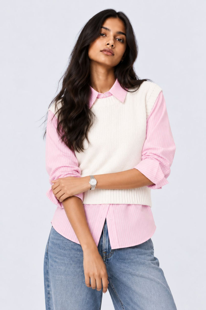 Womens Pink Striped Shirt Layered Sweater - Image 2