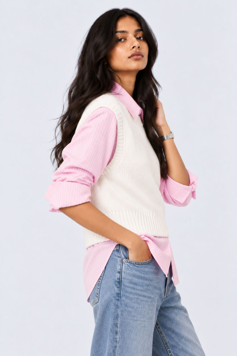 Womens Pink Striped Shirt Layered Sweater - Image 4