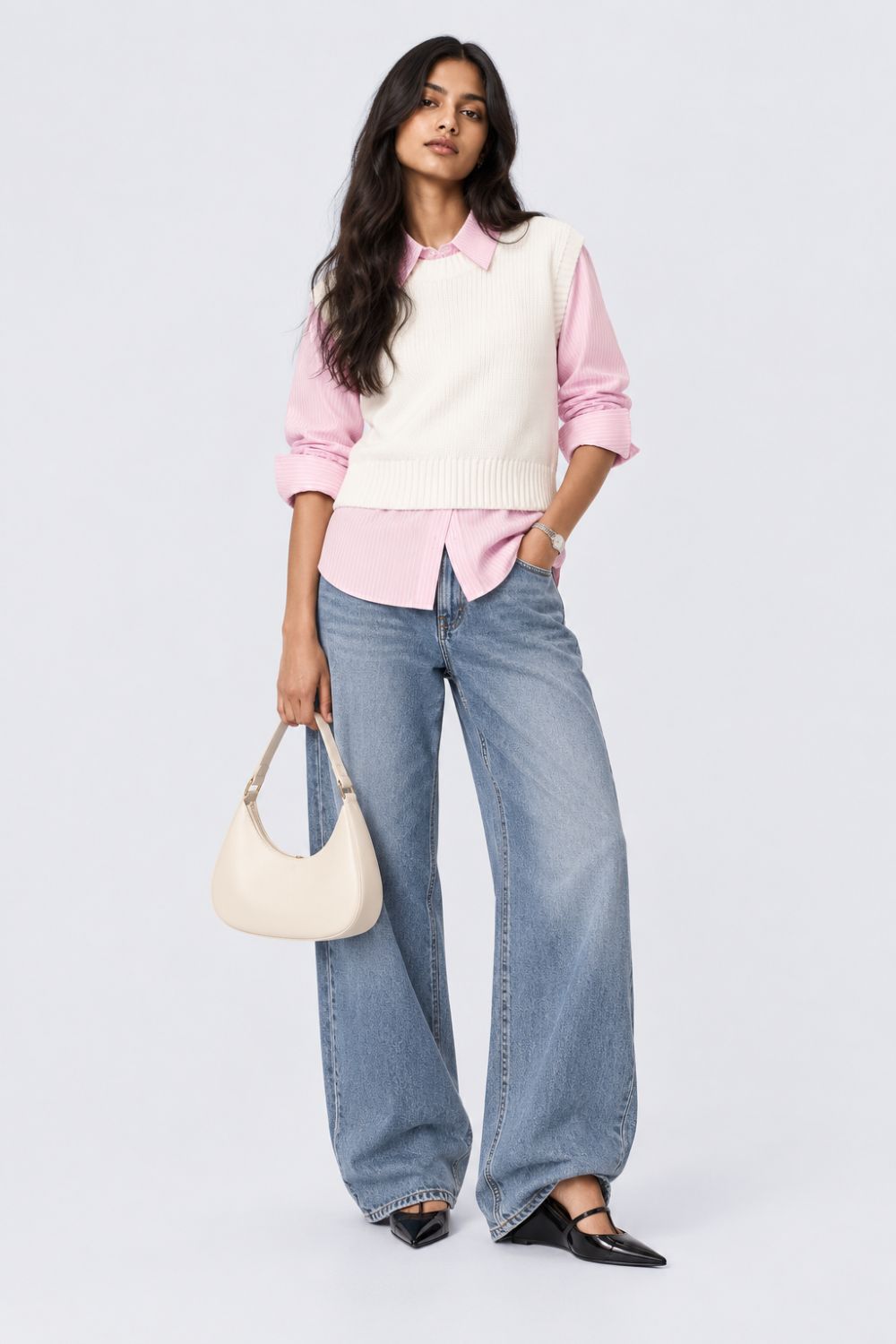 Womens Pink Striped Shirt Layered Sweater - Image 6
