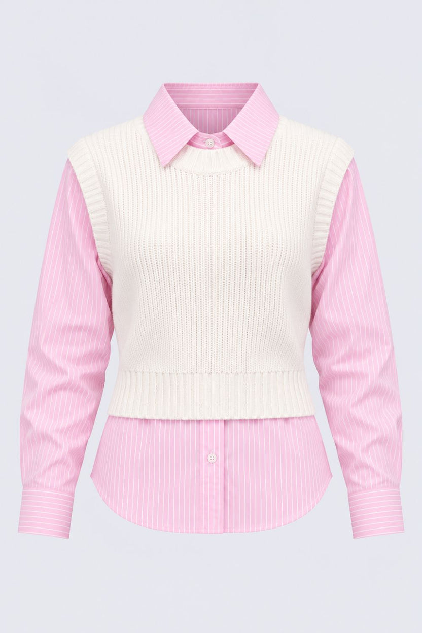 Womens Pink Striped Shirt Layered Sweater - Image 7
