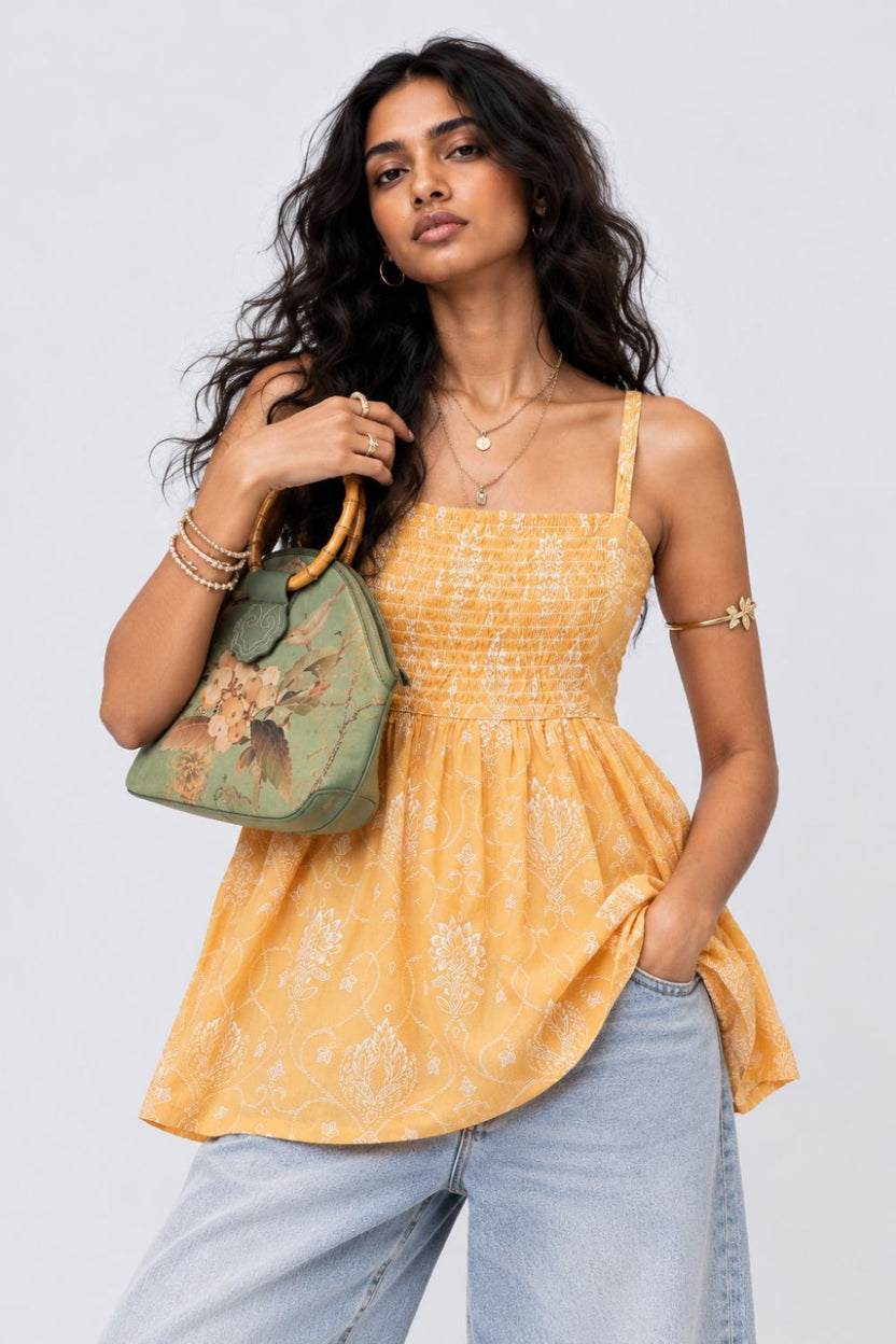 Womens Yellow Ethnic Motif Strappy Tunic - Image 1