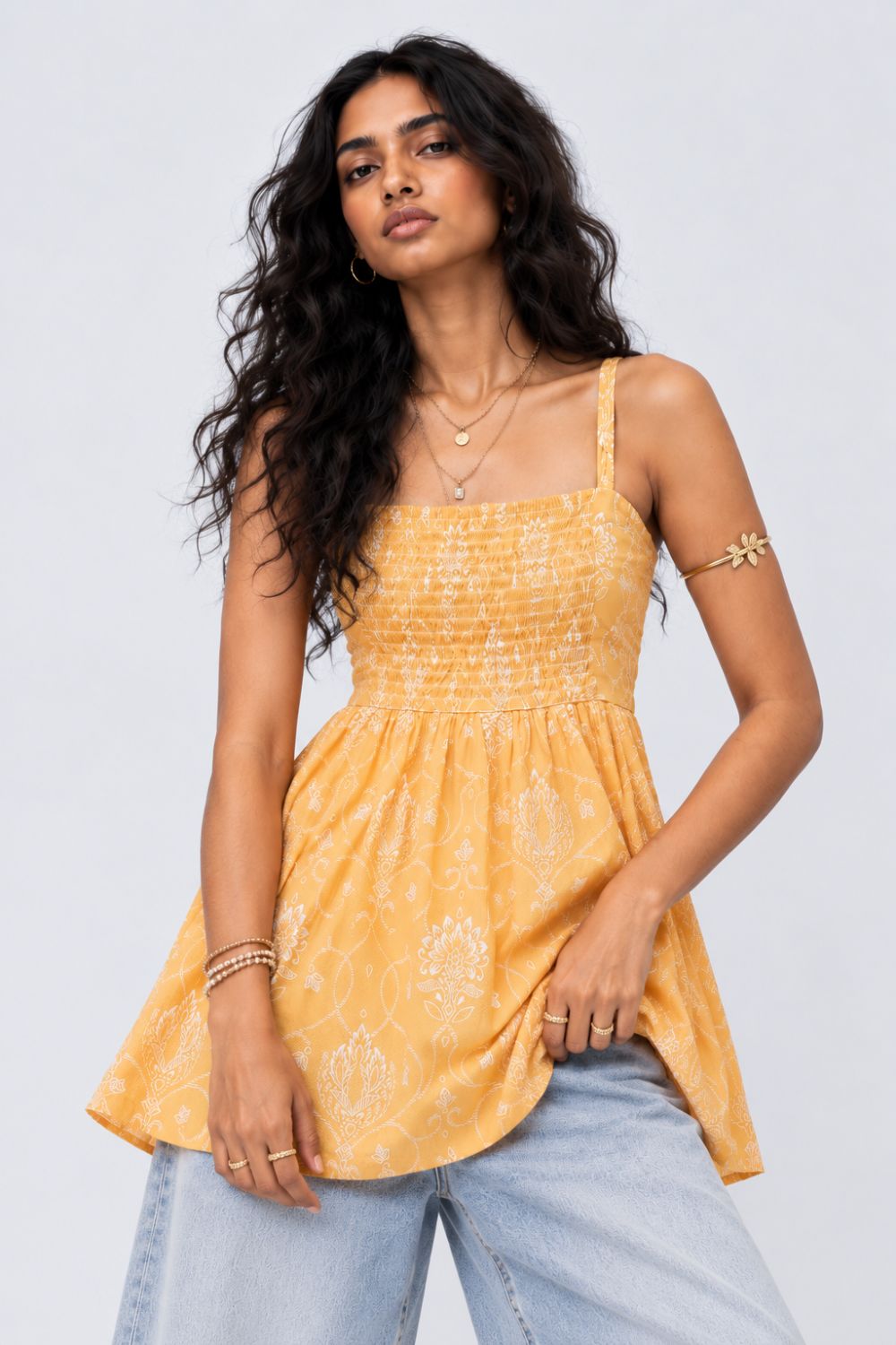 Womens Yellow Ethnic Motif Strappy Tunic - Image 2