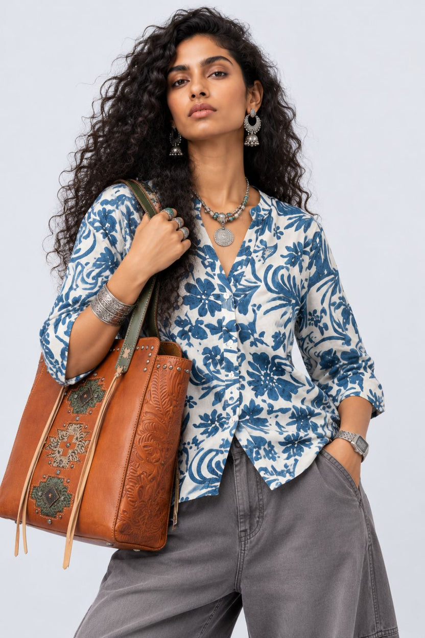 Womens Blue Floral Rayon Tunic - Image 1