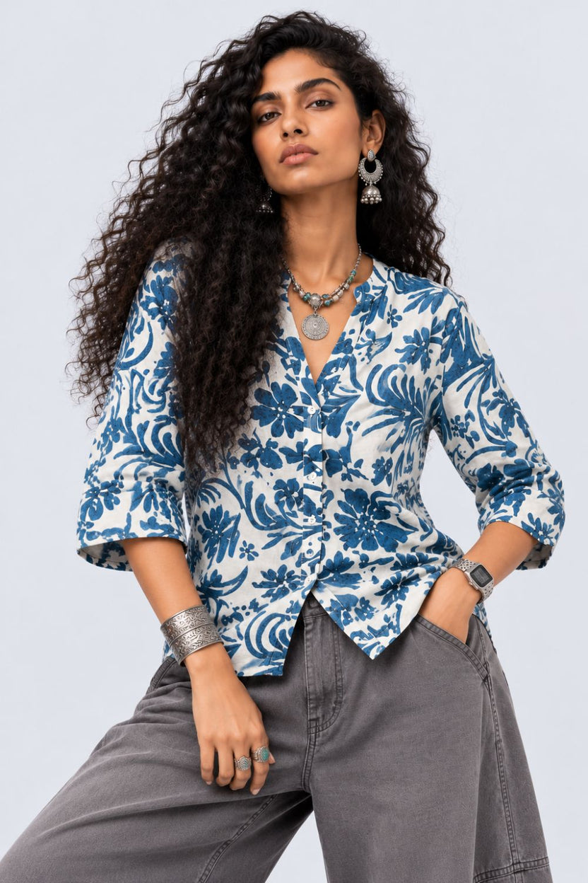 Womens Blue Floral Rayon Tunic - Image 2