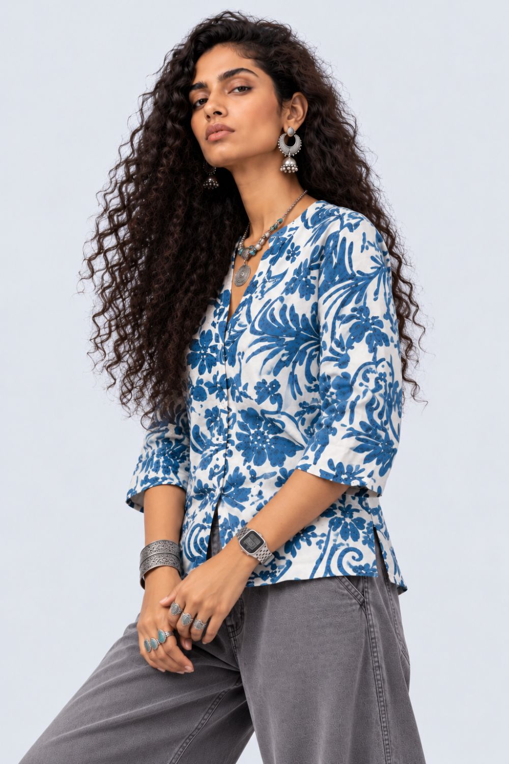Womens Blue Floral Rayon Tunic - Image 4
