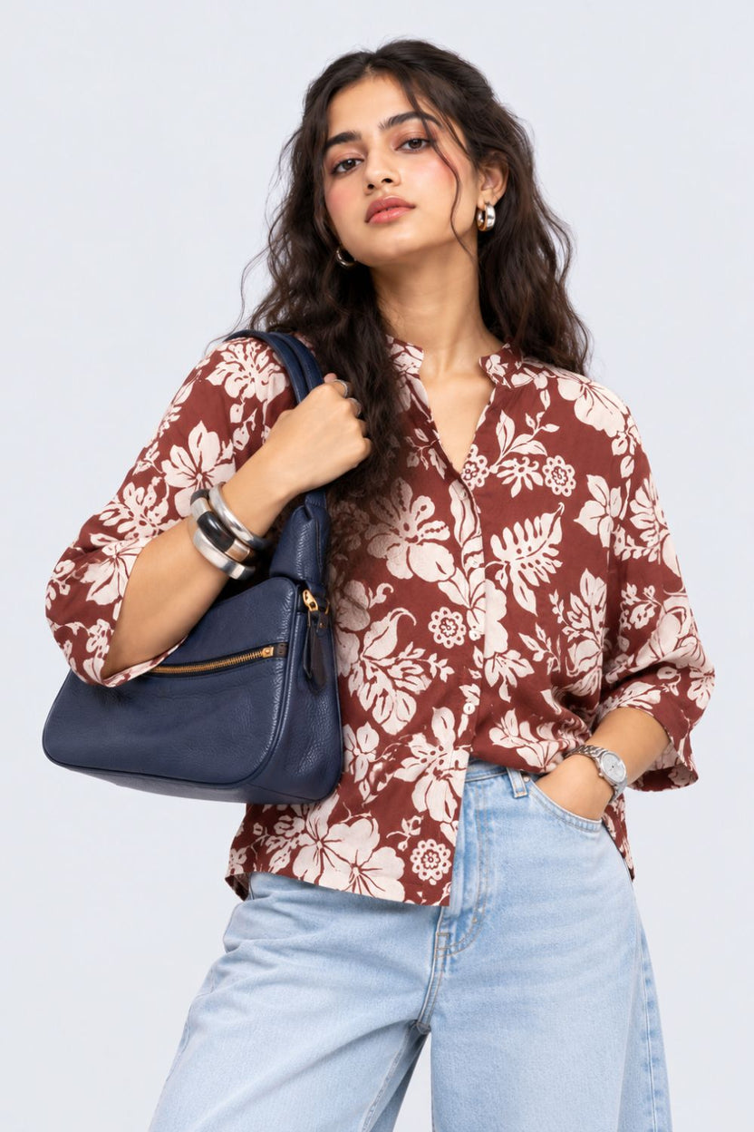Womens Brown Floral Rayon Tunic - Image 1
