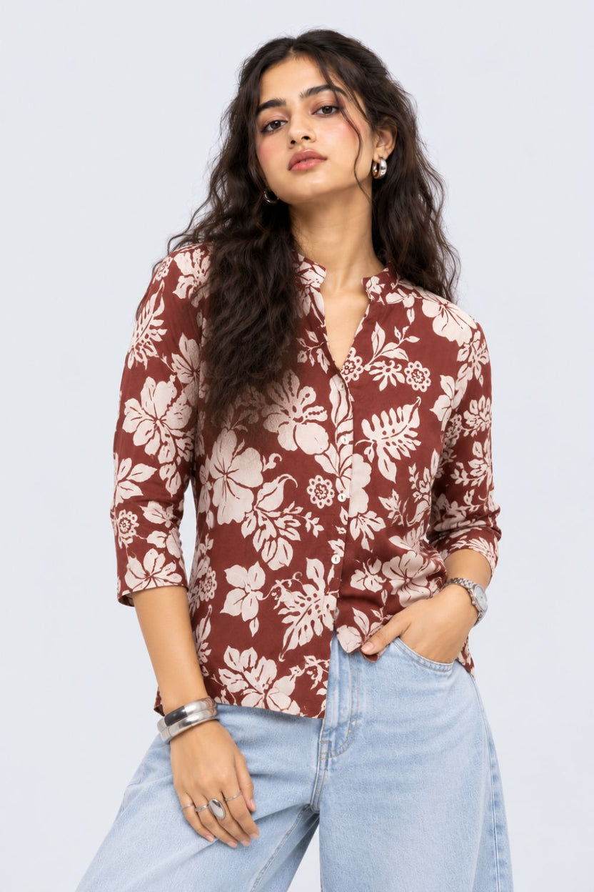 Womens Brown Floral Rayon Tunic - Image 2