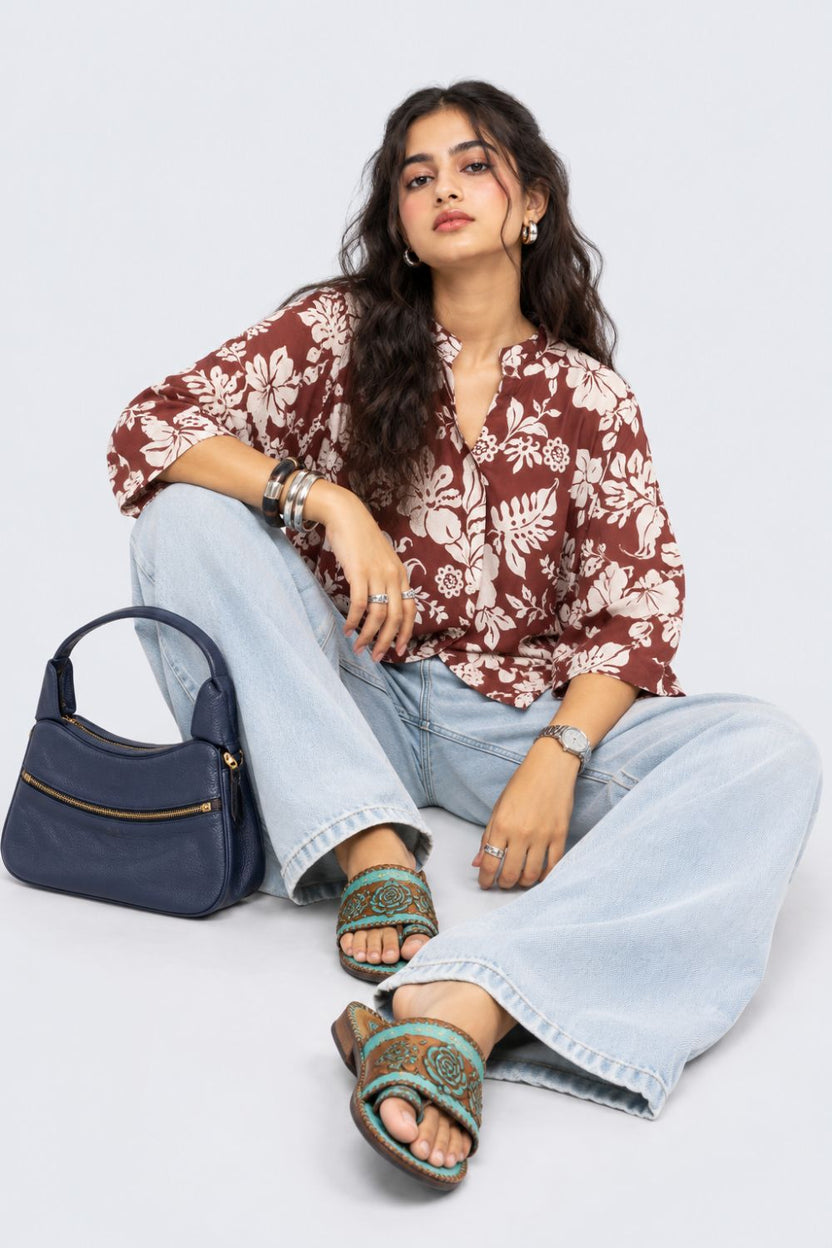 Womens Brown Floral Rayon Tunic - Image 6