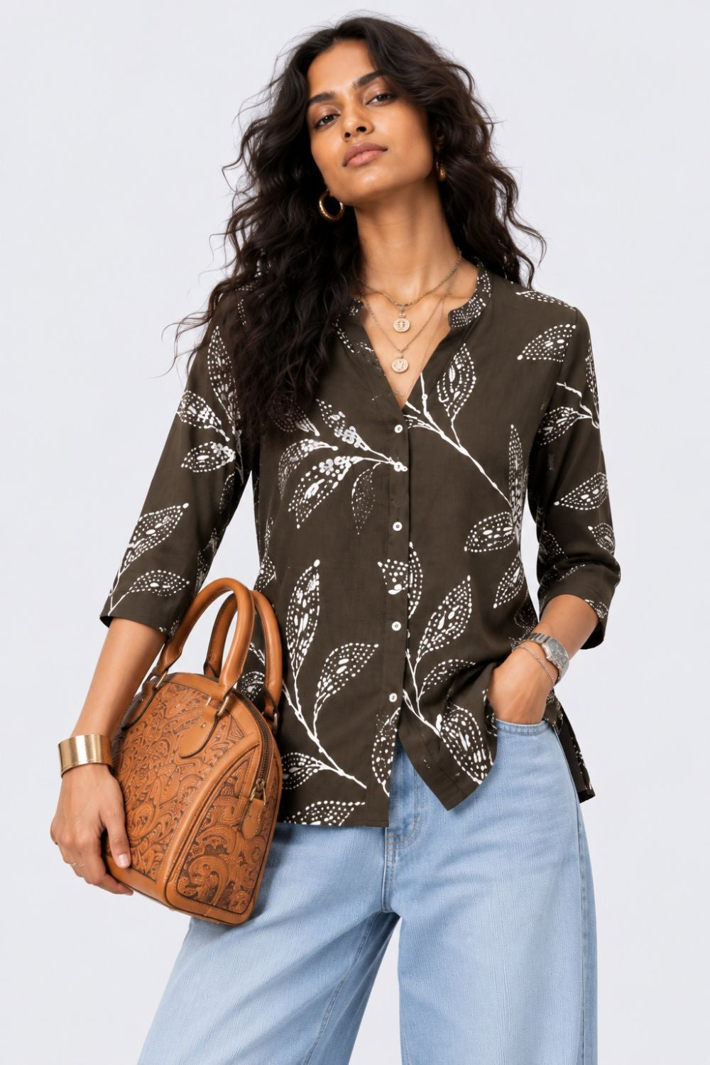 Womens Olive Tropical Print Regular Fit Tunic - Image 1