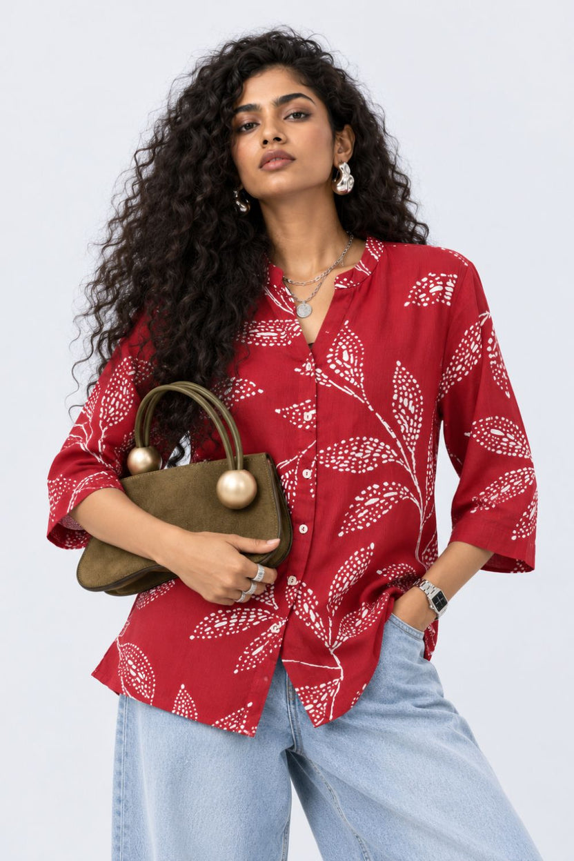 Womens Red Tropical Print Rayon Tunic - Image 1