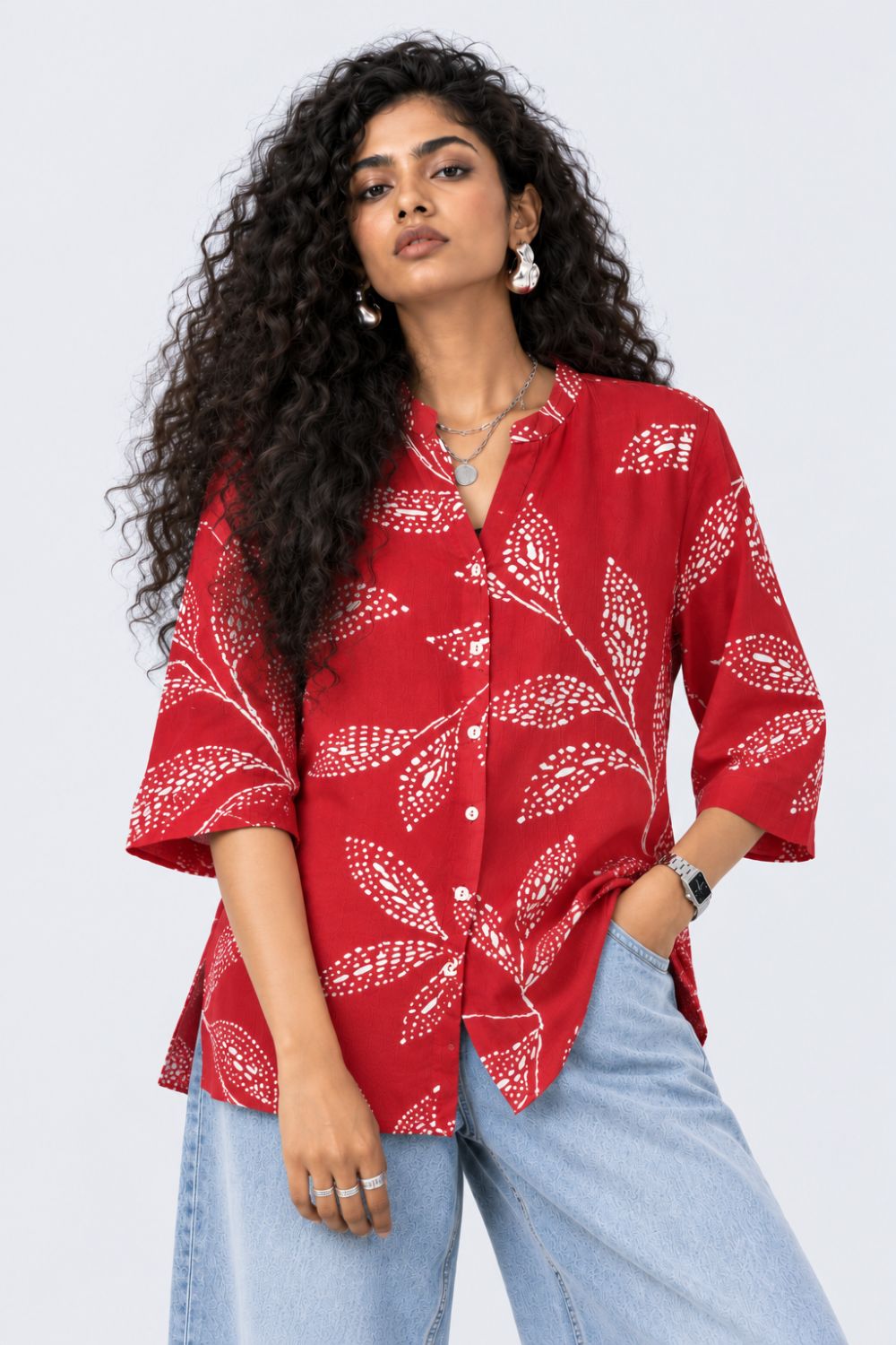 Womens Red Tropical Print Rayon Tunic - Image 2