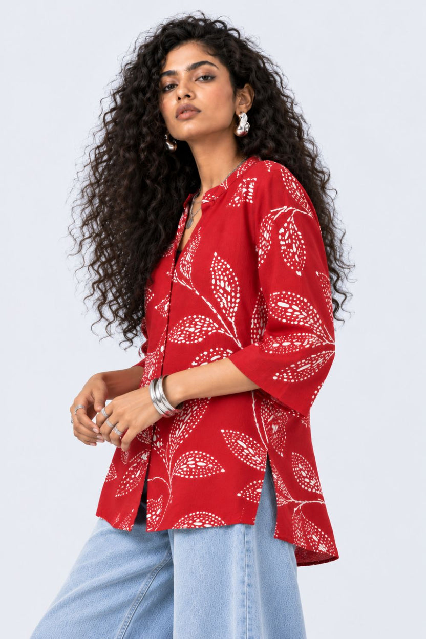 Womens Red Tropical Print Rayon Tunic - Image 4