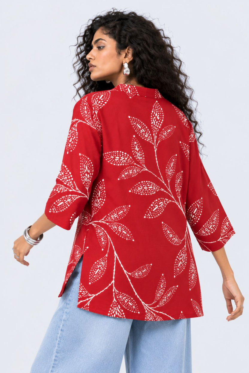 Womens Red Tropical Print Rayon Tunic - Image 5