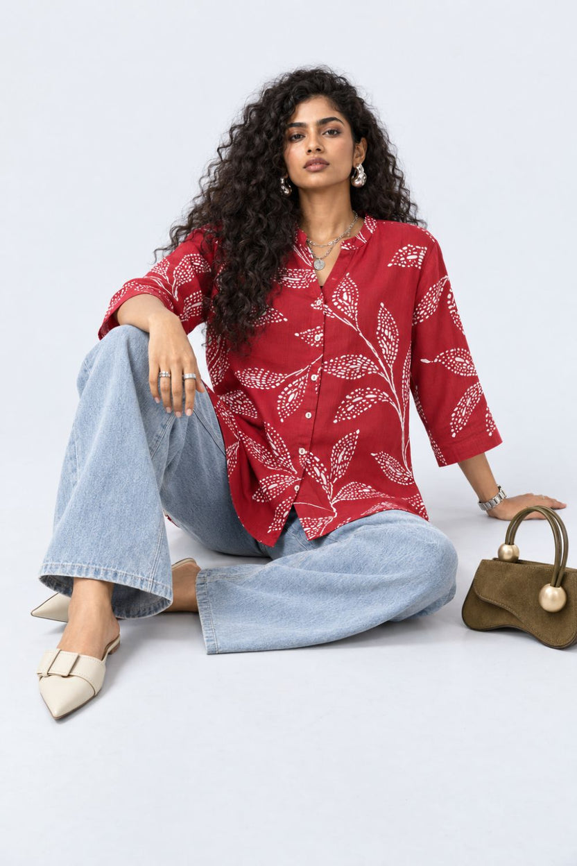 Womens Red Tropical Print Rayon Tunic - Image 6