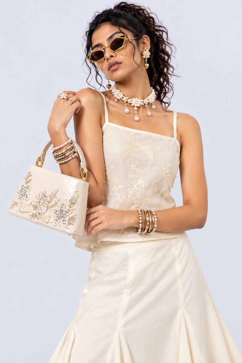 Womens Off White Chanderi Embroidered Strap Top - Image 1