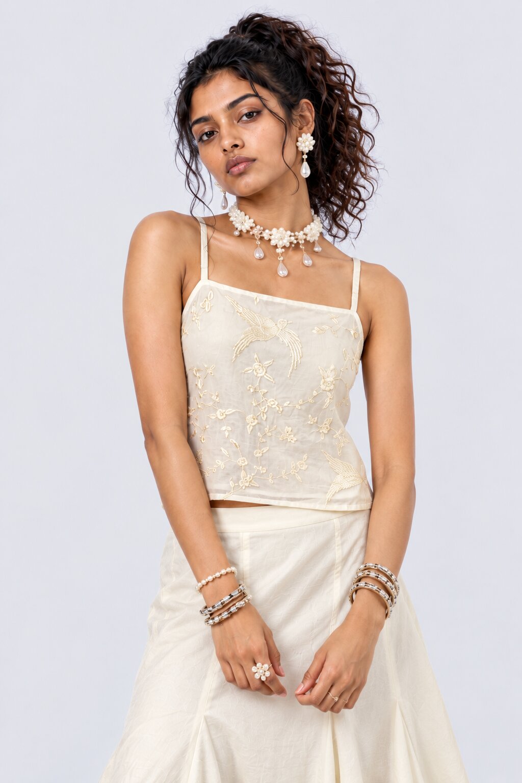 Womens Off White Chanderi Embroidered Strap Top - Image 2