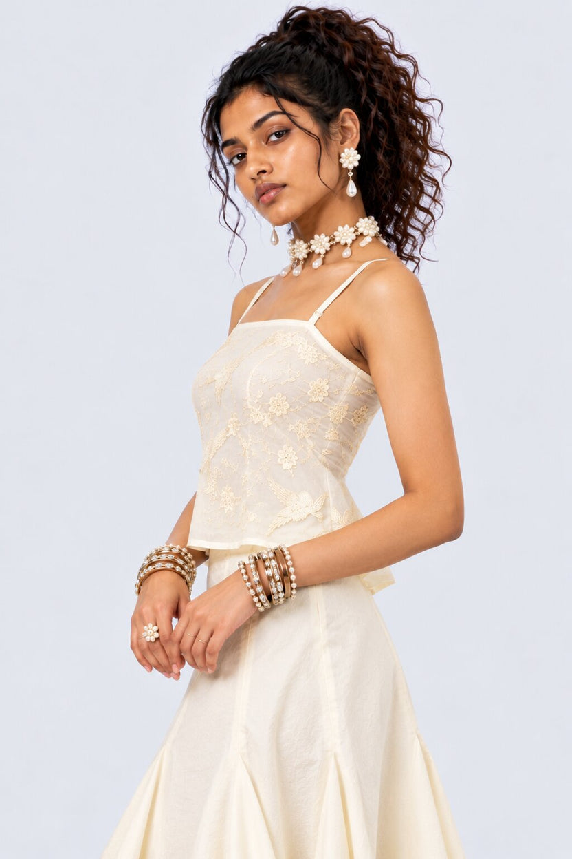 Womens Off White Chanderi Embroidered Strap Top - Image 4