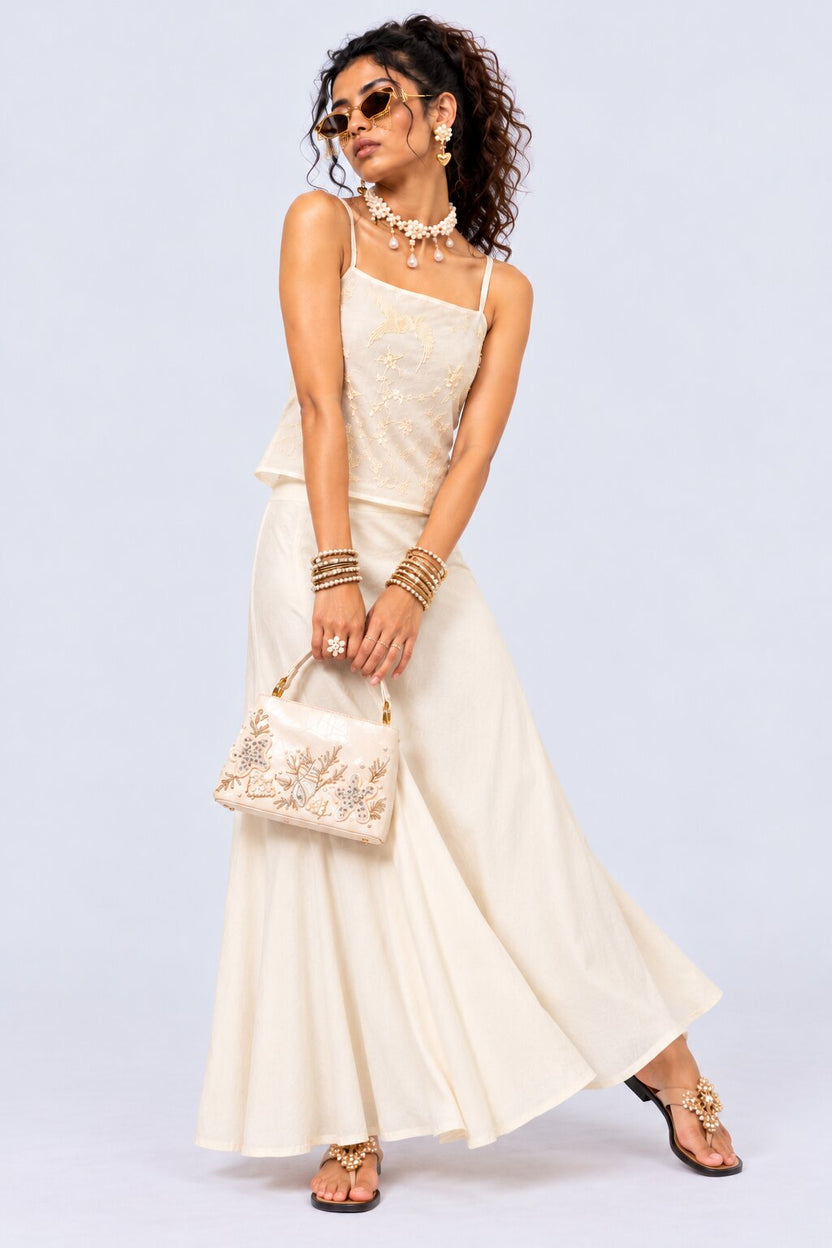 Womens Off White Chanderi Embroidered Strap Top - Image 6