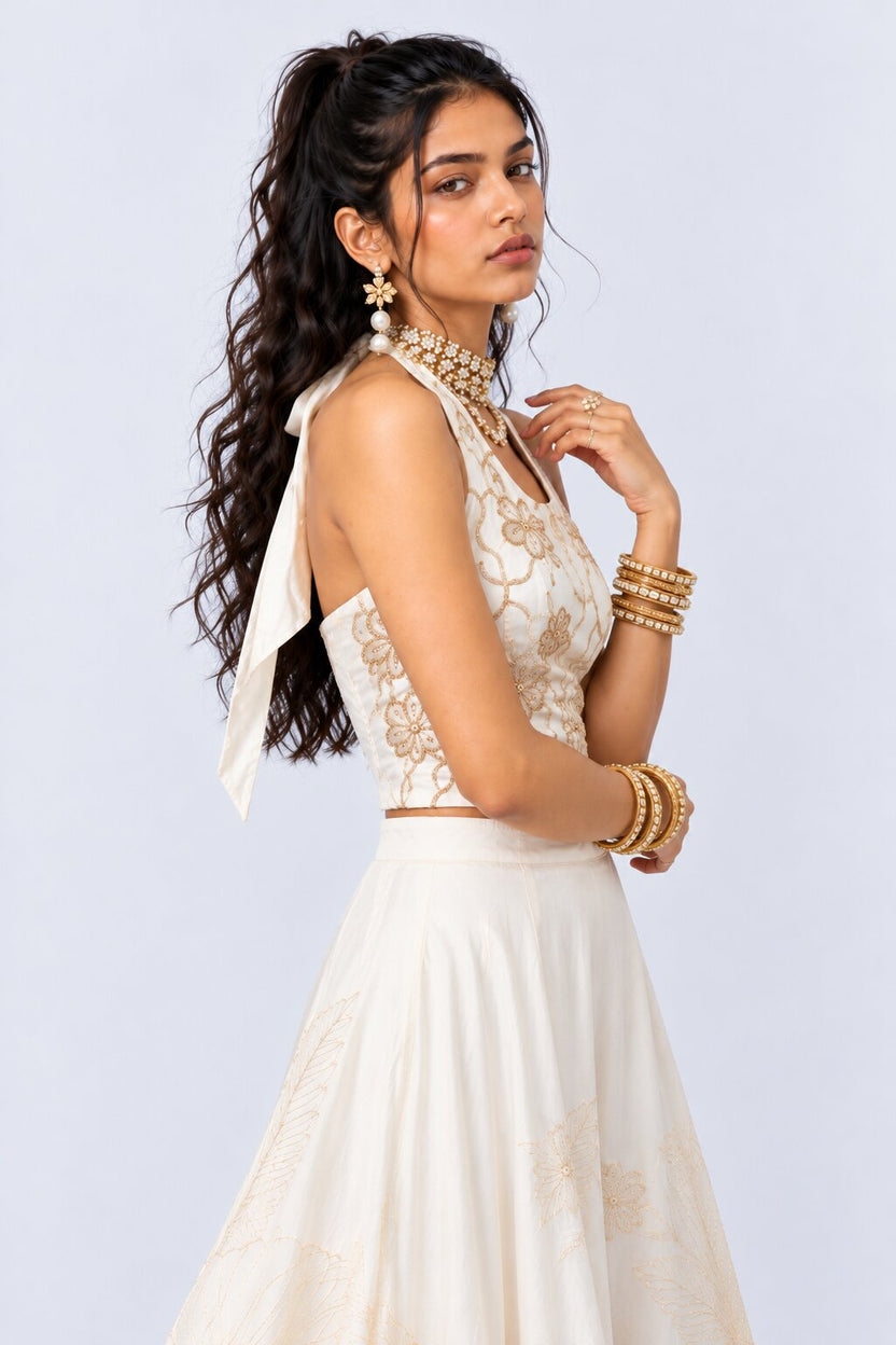 Womens Off White Floral Embroidered Halter Top - Image 4